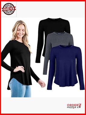 3-Pack Long Sleeve Tunic Tops Flowy Casual Lightweight Scoop Neck
